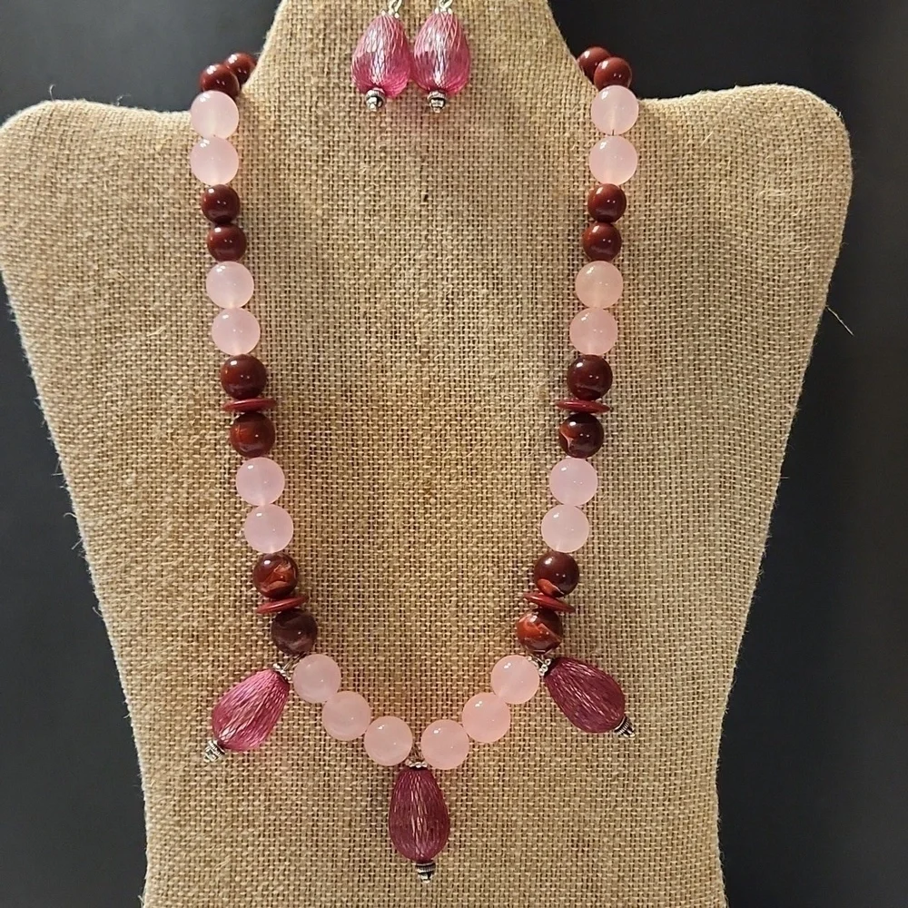 Hand Crafted Pink and Burgundy Beaded Jewelry Set Pierced Earrings and Necklace